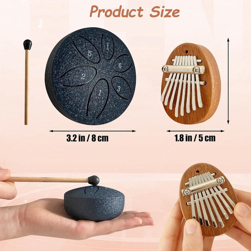 Jongdari Mini Rain Drum and Kalimba Thumb Piano, 2pcs Mini Musical Instruments 8 Key Exquisite Finger Thumb Piano and 3 Inch 6 Notes Metal Steel Tongue Drum for Adult Beginners (Dark Blue) - Image 3